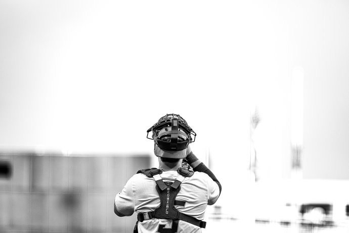 Creighton Bluejays catcher NATE MCHUGH (5) looks on between innings during a game against the North Dakota State Bison at Charles Schwab Field on April 22, 2025.