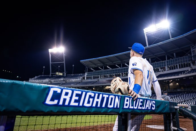 Creighton Bluejays infielder BEN NORTH (11) leans on the dugout fence following a 5–2 victory over the North Dakota State Bison at Charles Schwab Field on April 22, 2025.