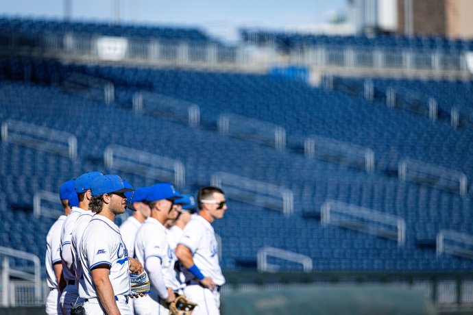 Creighton Bluejays observe pregame warmups before a game against the North Dakota State Bison at Charles Schwab Field on April 22, 2025.
