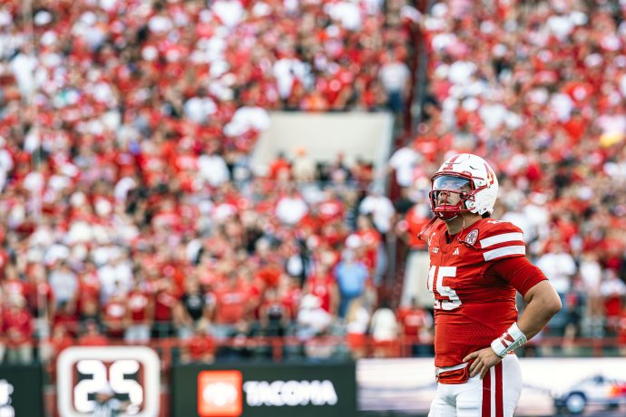 Nebraska quarterback Dylan Raiola (15) watches a replay during the game against Michigan State.