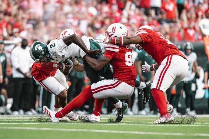 Nebraska defensive lineman Williams Nwaneri (96) sacks Michigan State quarterback Aidan Chiles (2).