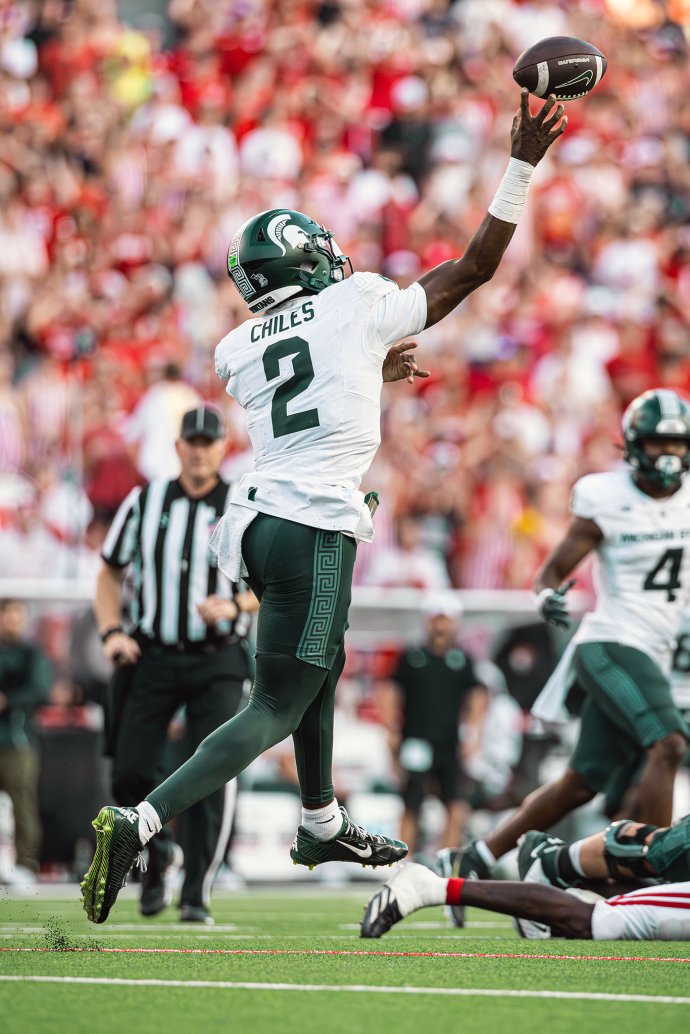 Michigan State quarterback Aidan Chiles (2) throws a pass against Nebraska.