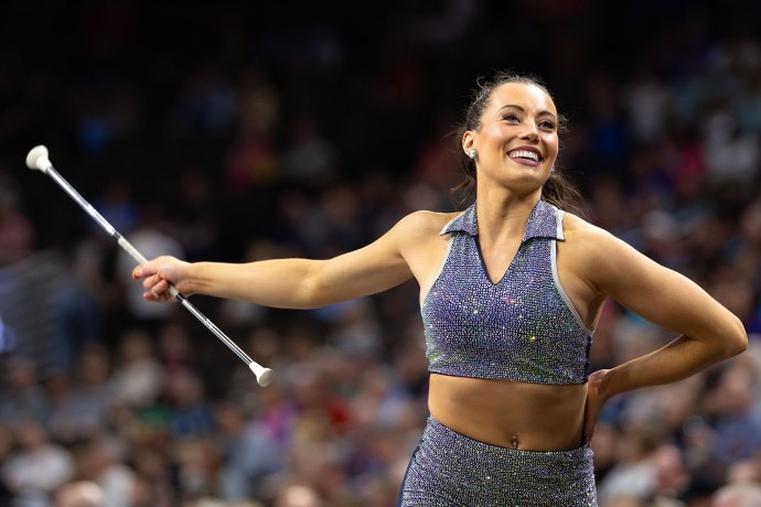 Omaha Supernovas twirler Steffany Lien performs during a timeout.