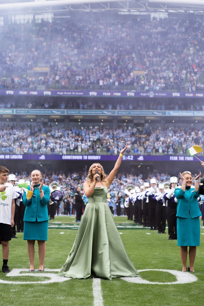 Celtic Woman singer Caitríona Sherlock performs the Irish national anthem before the game at Aviva Stadium.