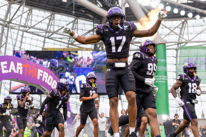 TCU players exit the tunnel before the game against North Carolina at Aviva Stadium.