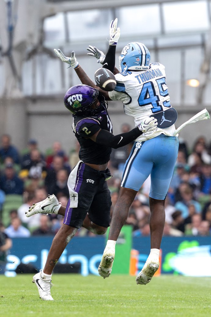 TCU safety Jamel Johnson breaks up a pass intended for North Carolina tight end Jelani Thurman.