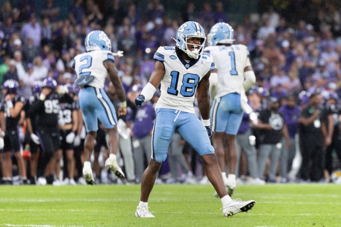 North Carolina defensive back Jaiden Patterson celebrates a fourth-down stop against TCU.